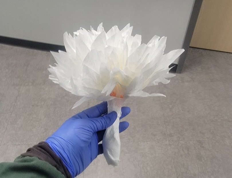 hospital wedding bouqet made from plastic spoons and coffee filters