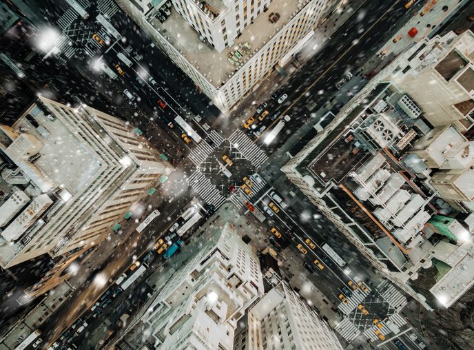 Aerial view of fifth avenue snowing