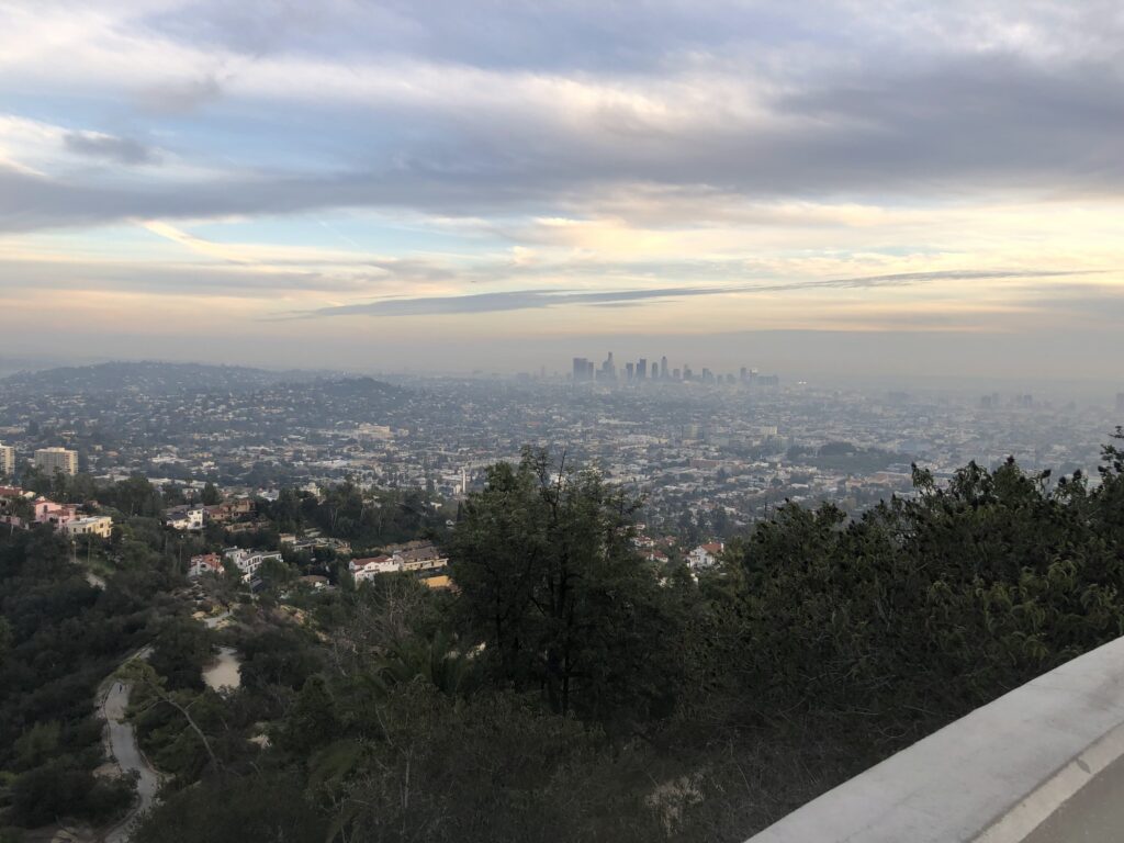 A foggy Los Angeles skyline from afar