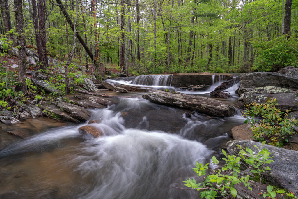 Cascading waters of Cheaha Falls flowing through a rocky forest trail in Cheaha State Park, Alabama