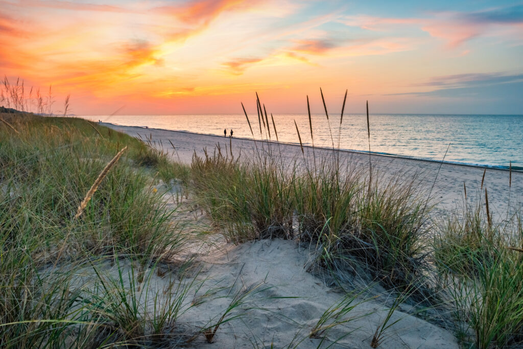 Sandy beach and dunes at Indiana Dunes National Park along Lake Michigan